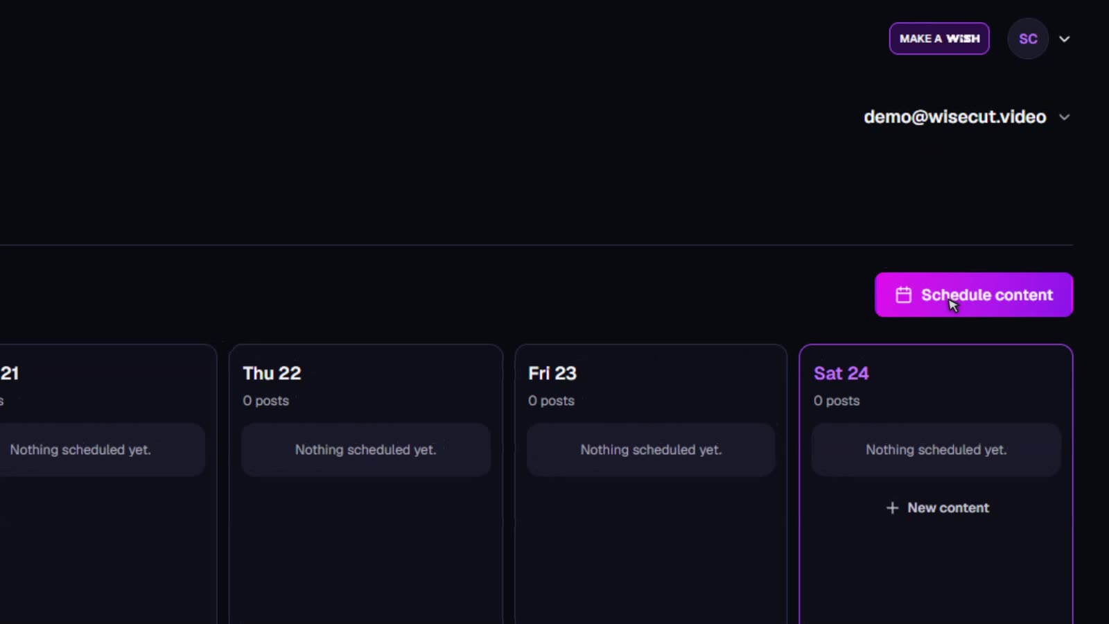 Visão semanal do Social Hub com botão de agendar conteúdo e dias vazios